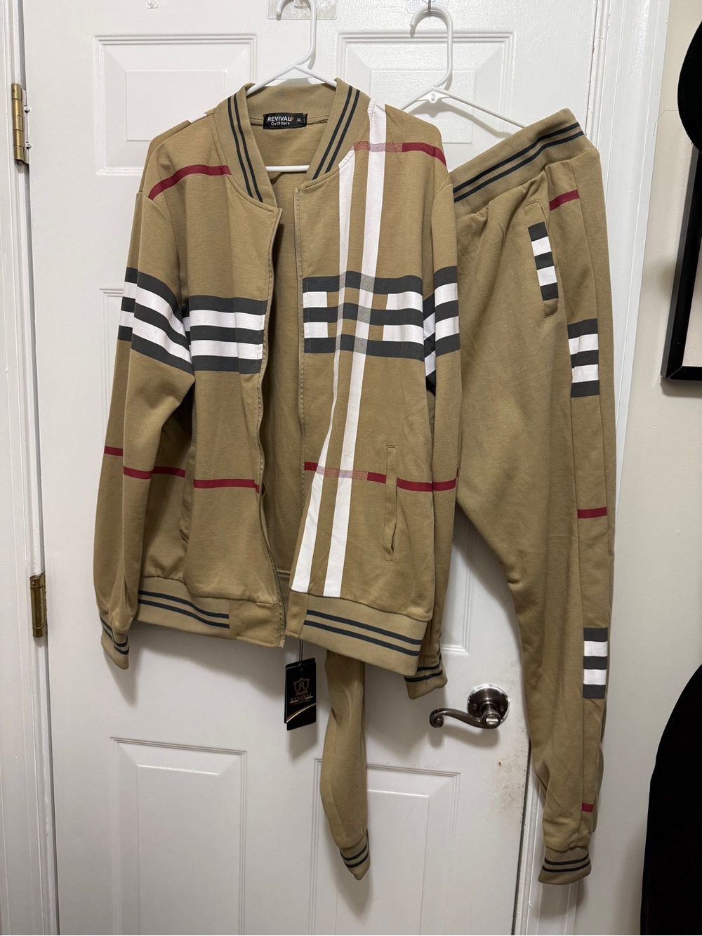 REVIVAL OUTFITTERS $ 149.99 Men's Khaki Striped Bomber Jacket -